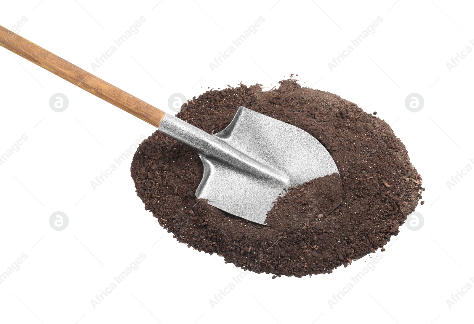 Photo of Metal shovel with wooden handle and pile of soil isolated on white