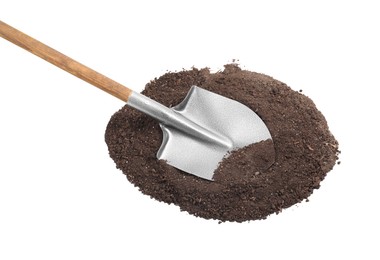 Photo of Metal shovel with wooden handle and pile of soil isolated on white