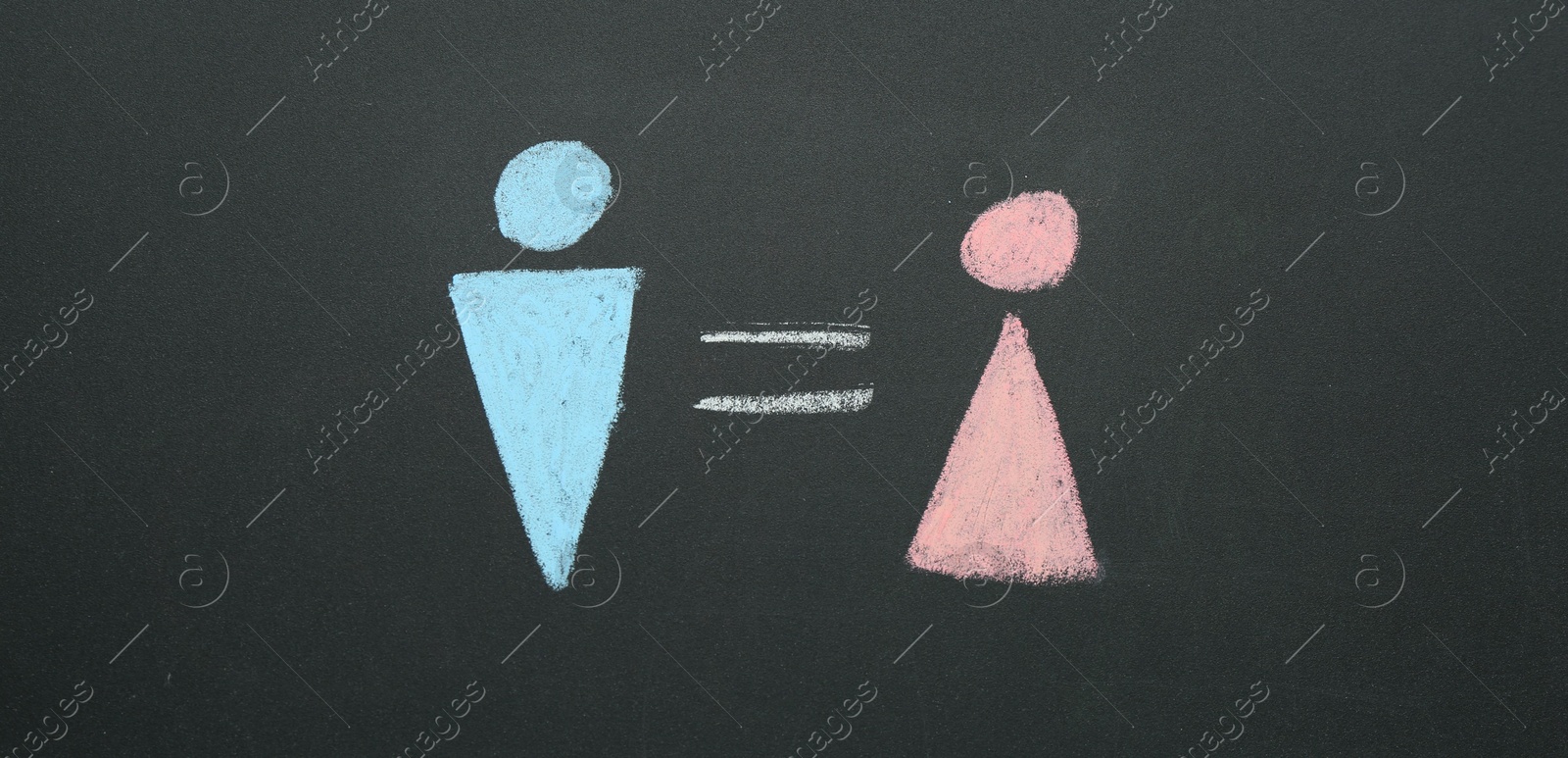 Photo of Gender equality concept. Male and female figures drawn on chalkboard, top view