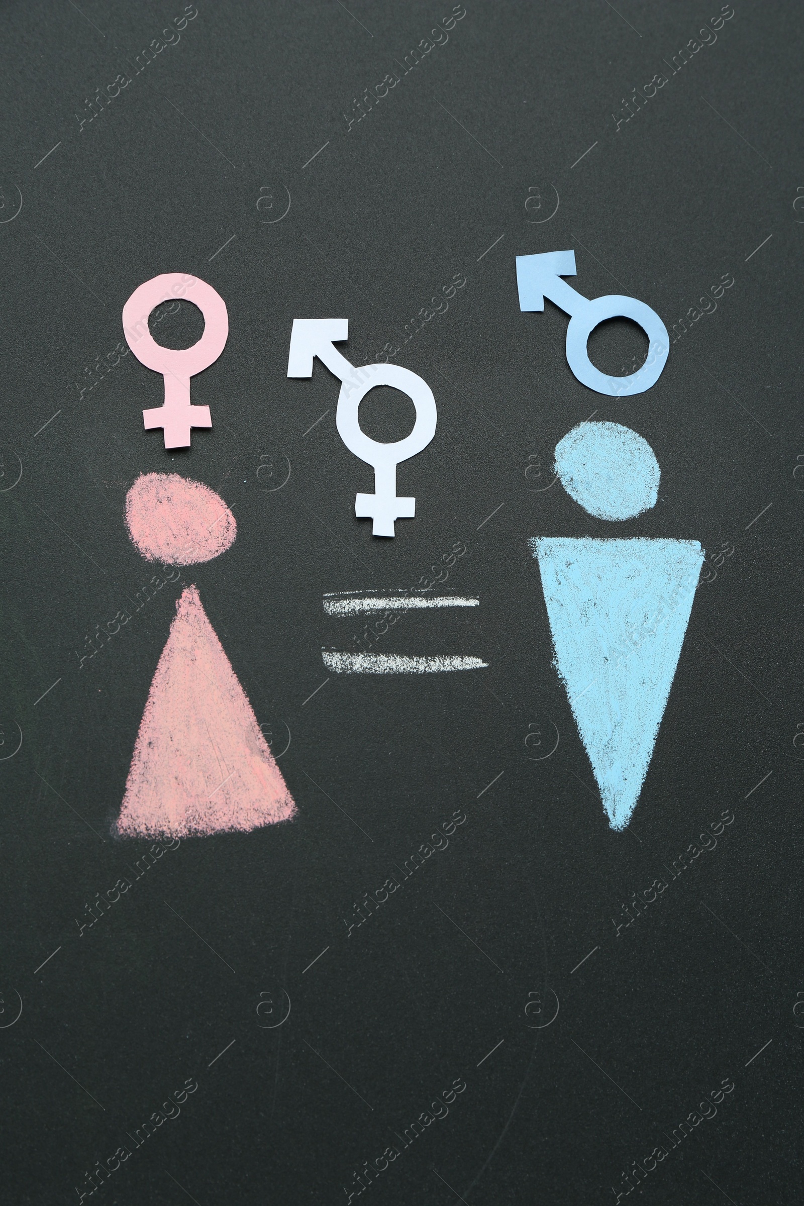 Photo of Equality concept. Male and female gender signs on chalkboard, flat lay