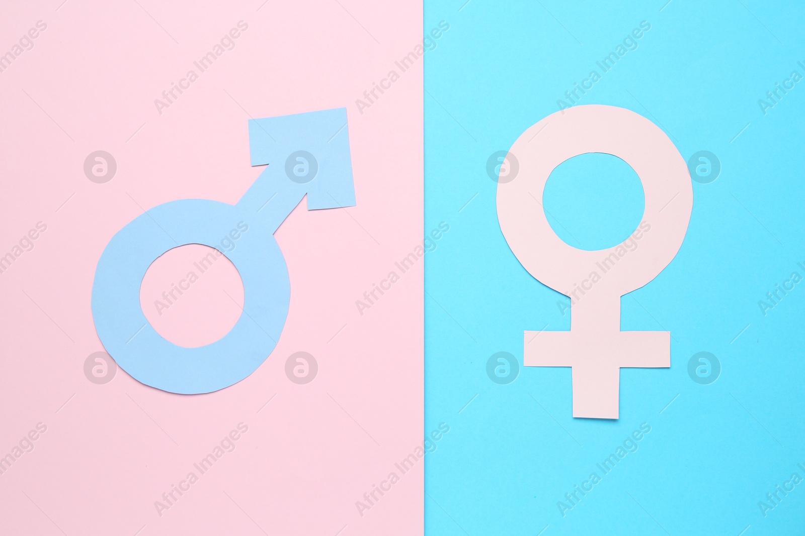 Photo of Gender equality concept. Male and female symbols on color background, flat lay