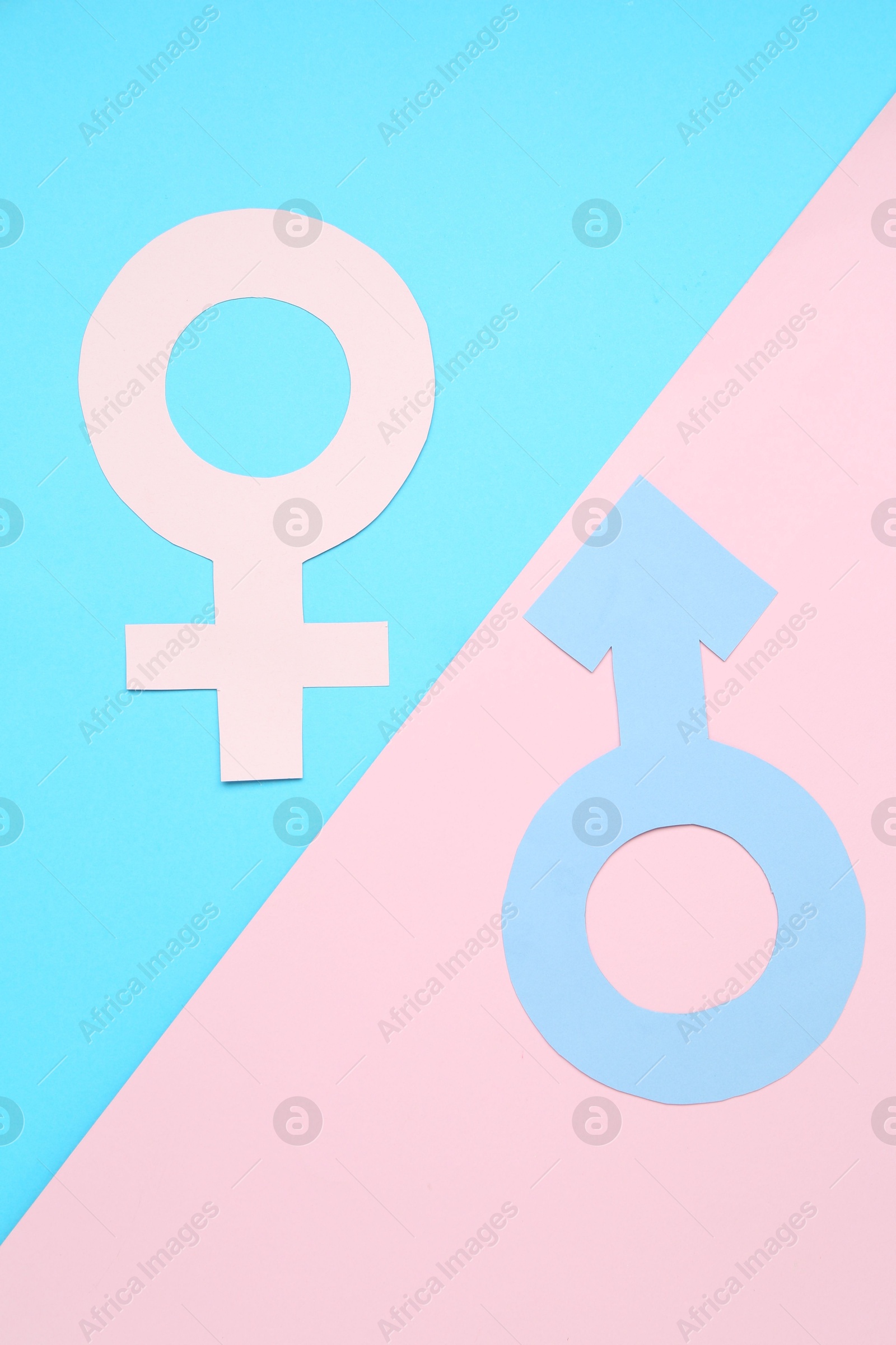 Photo of Gender equality concept. Male and female symbols on color background, flat lay