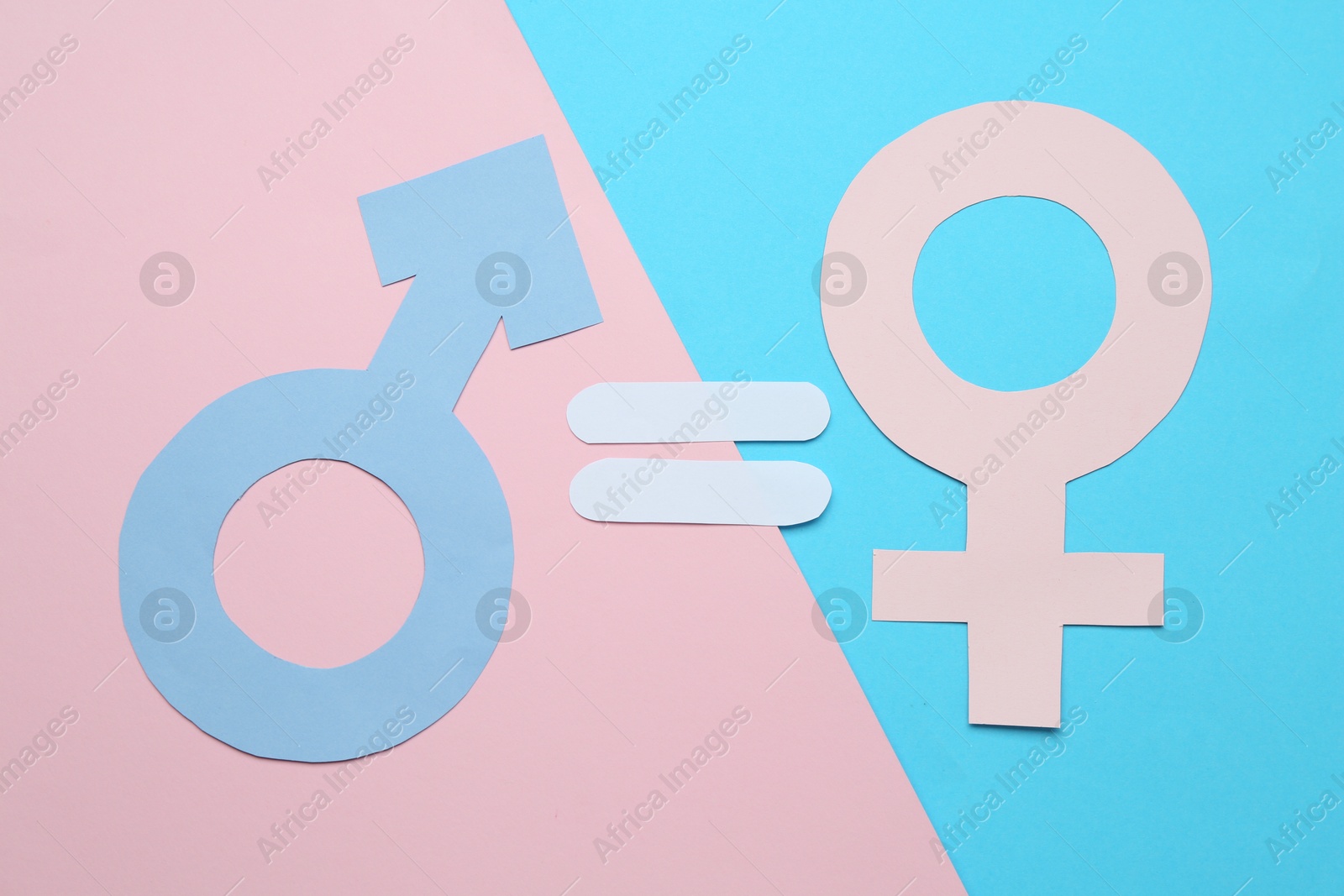 Photo of Equals sign between female and male gender symbols on color background, flat lay