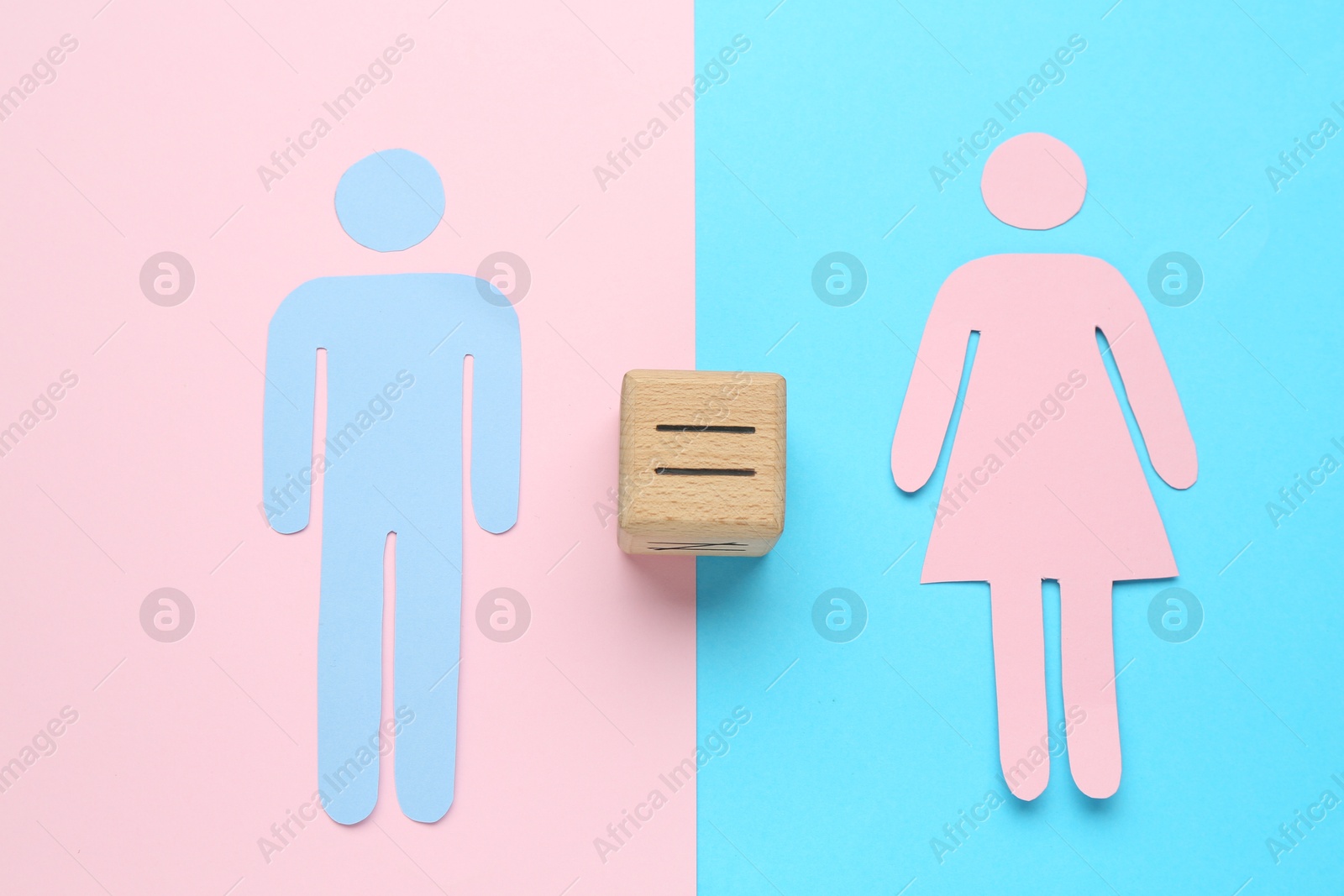 Photo of Gender equality concept. Male and female figures on color background, flat lay