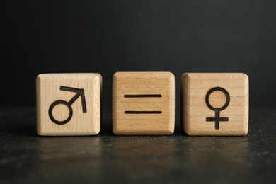 Photo of Wooden cube with equals sign between female and male gender symbols on grey table