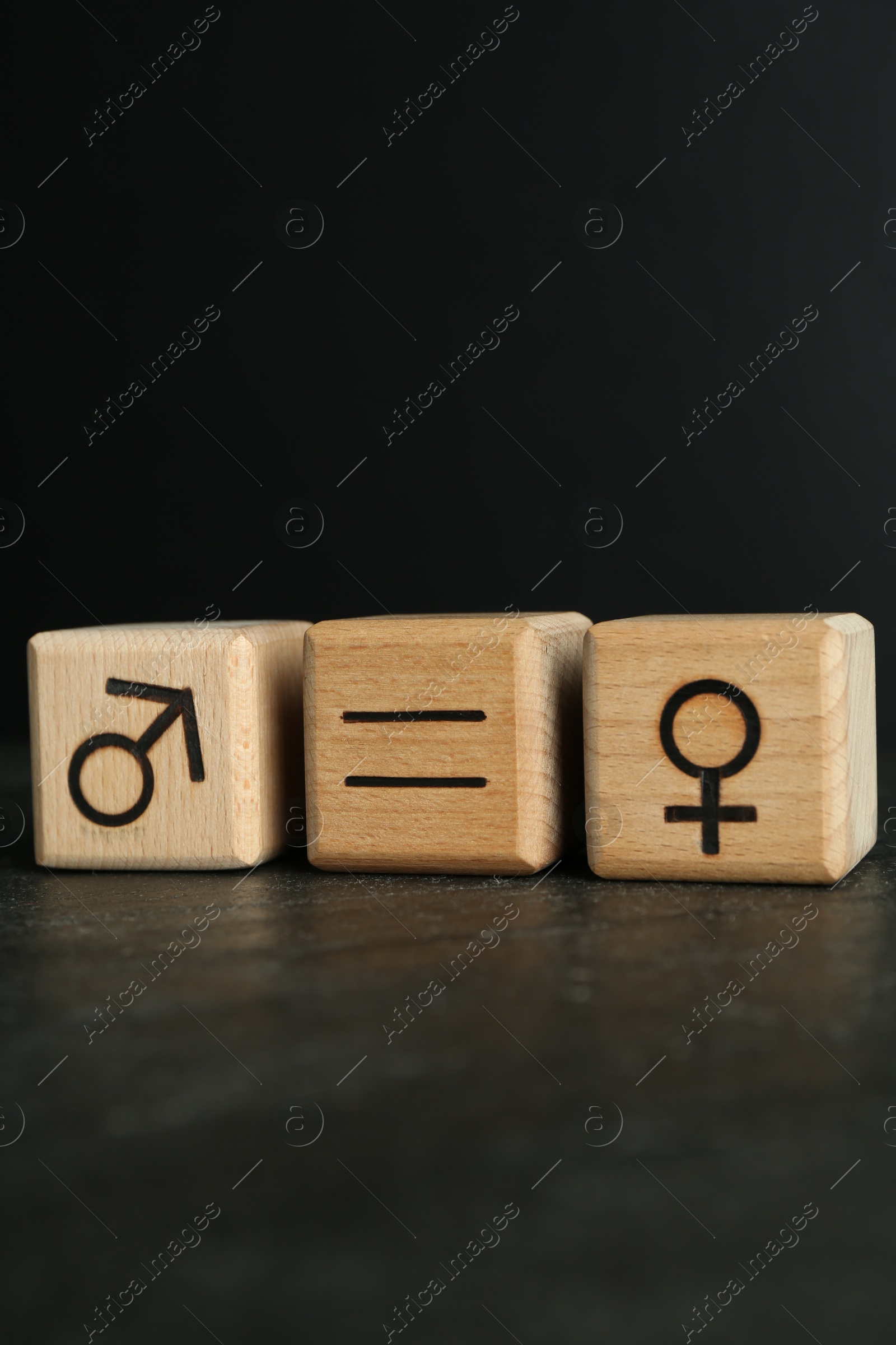 Photo of Wooden cube with equals sign between female and male gender symbols on grey table