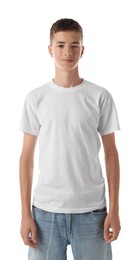 Photo of Teenage boy wearing t-shirt on white background