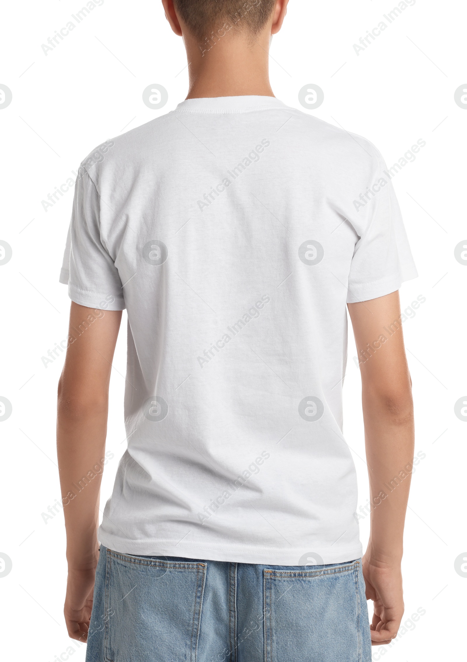 Photo of Teenage boy wearing t-shirt on white background, closeup