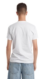 Teenage boy wearing t-shirt on white background, back view