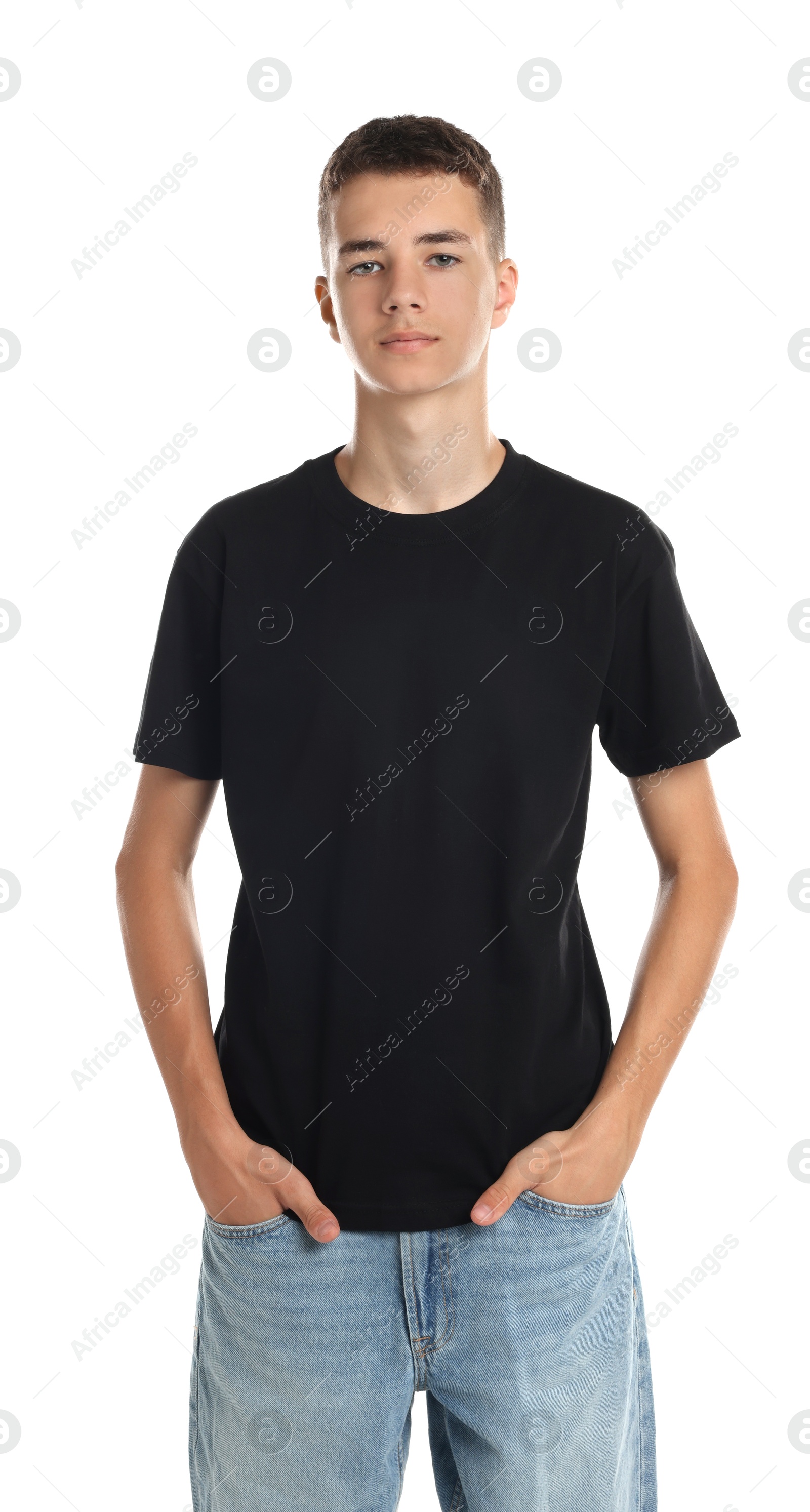 Photo of Teenage boy wearing black t-shirt on white background