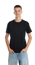 Teenage boy wearing black t-shirt on white background