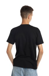 Photo of Teenage boy wearing black t-shirt on white background, back view