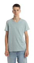 Photo of Teenage boy wearing light grey t-shirt on white background