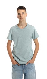 Teenage boy wearing light grey t-shirt on white background