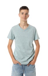 Photo of Teenage boy wearing light grey t-shirt on white background