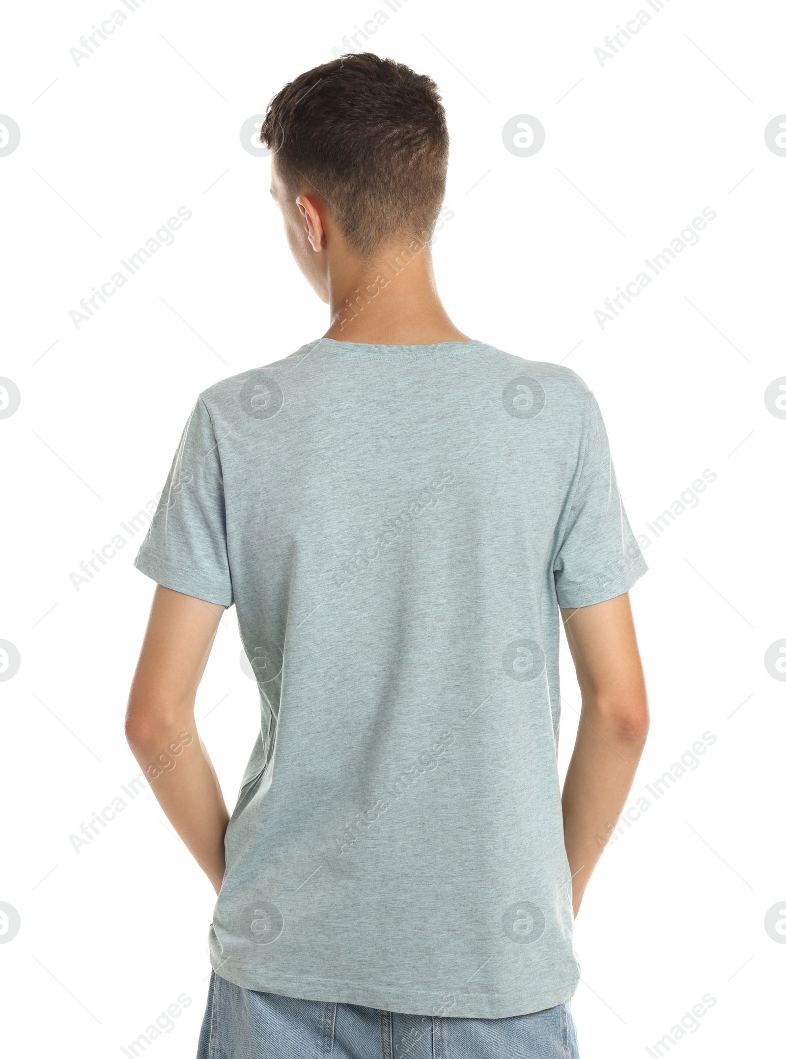 Photo of Teenage boy wearing light grey t-shirt on white background, back view