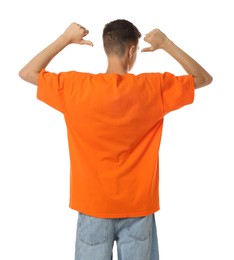 Photo of Teenage boy wearing orange t-shirt on white background, back view