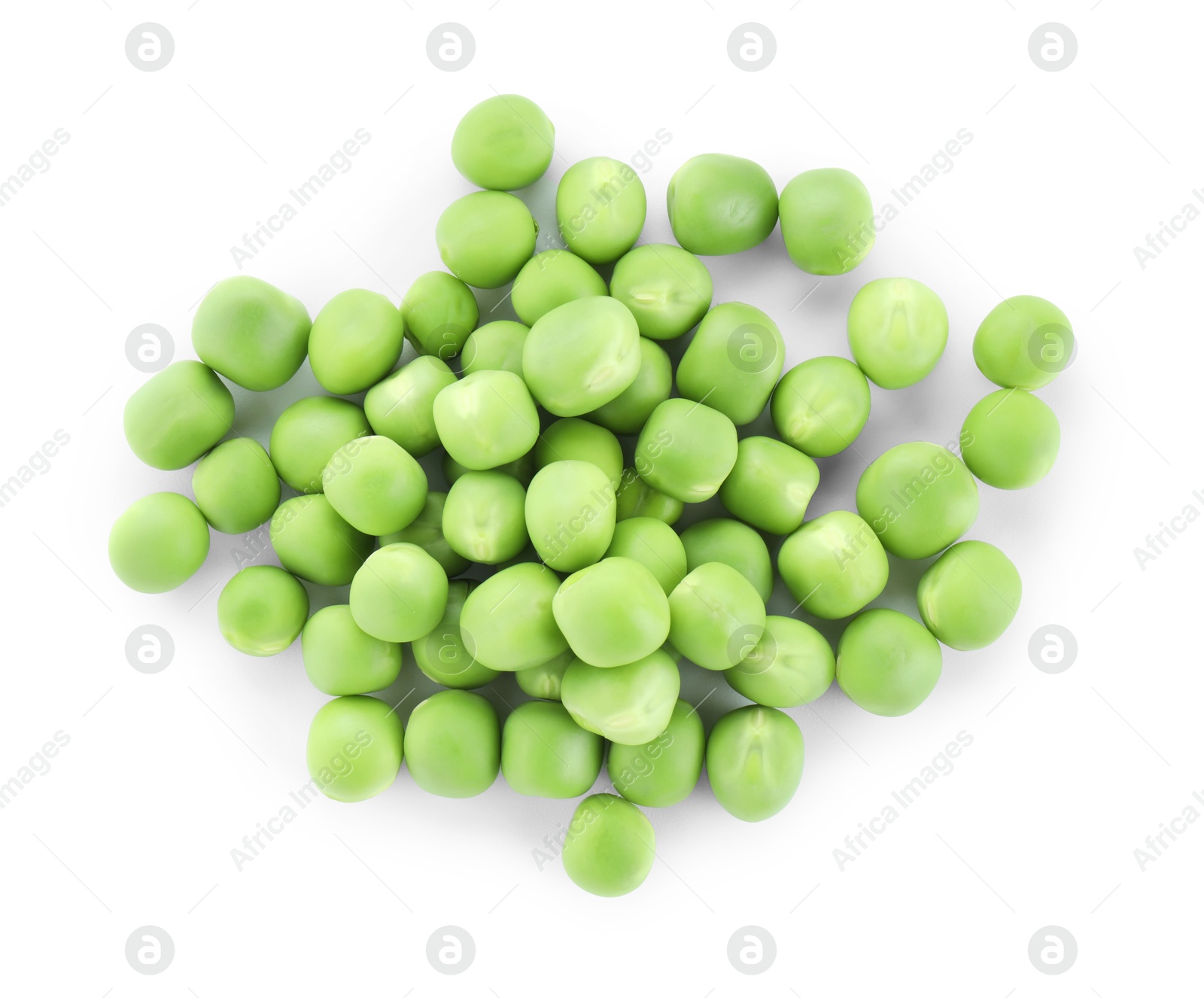 Photo of Pile of fresh green peas isolated on white, top view