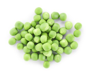 Photo of Pile of fresh green peas isolated on white, top view