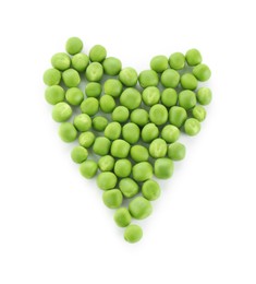 Photo of Heart shape made of fresh peas isolated on white, top view