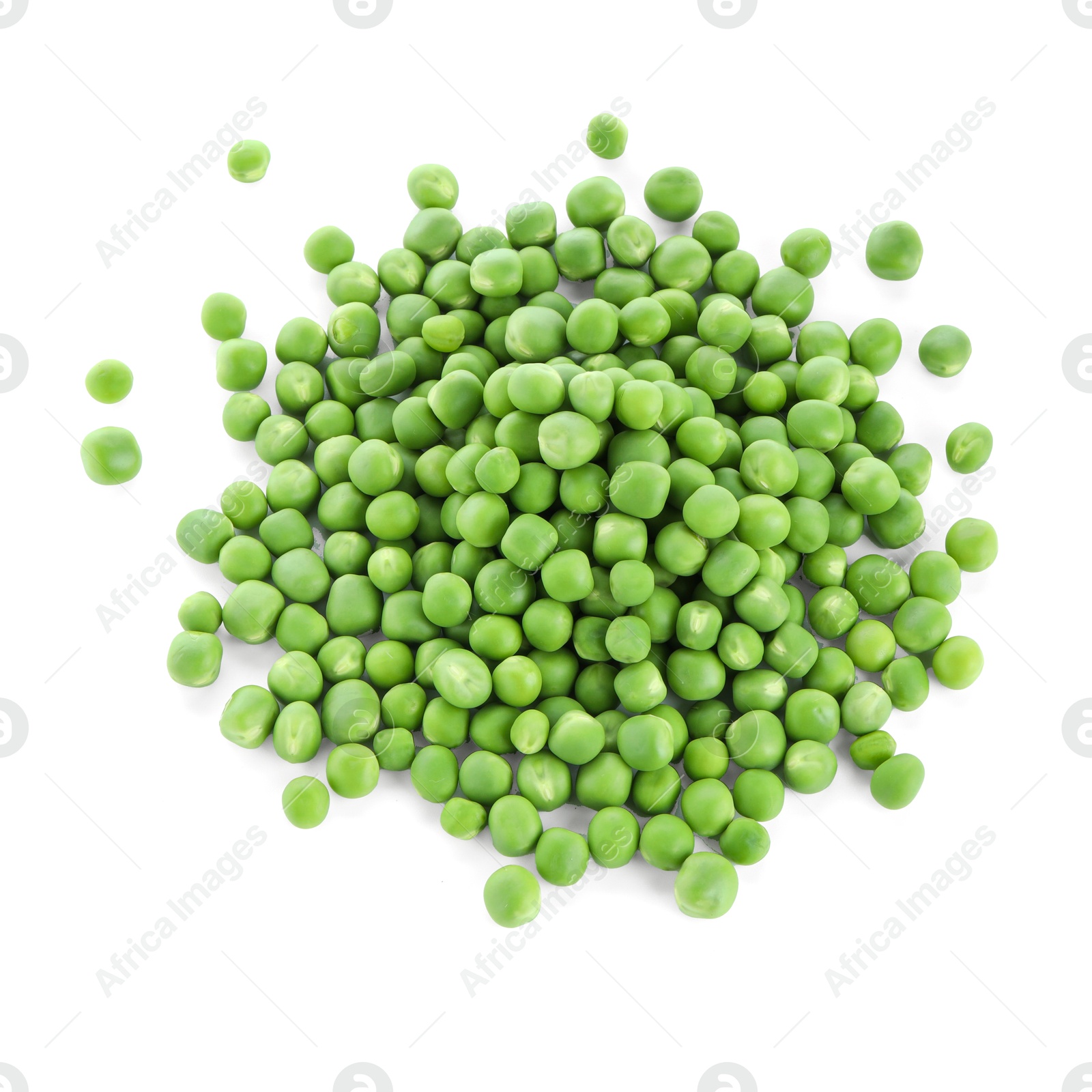 Photo of Pile of fresh green peas isolated on white, top view