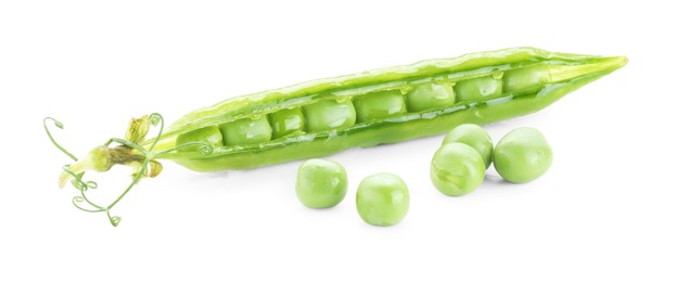 Photo of Green fresh peas and pod isolated on white