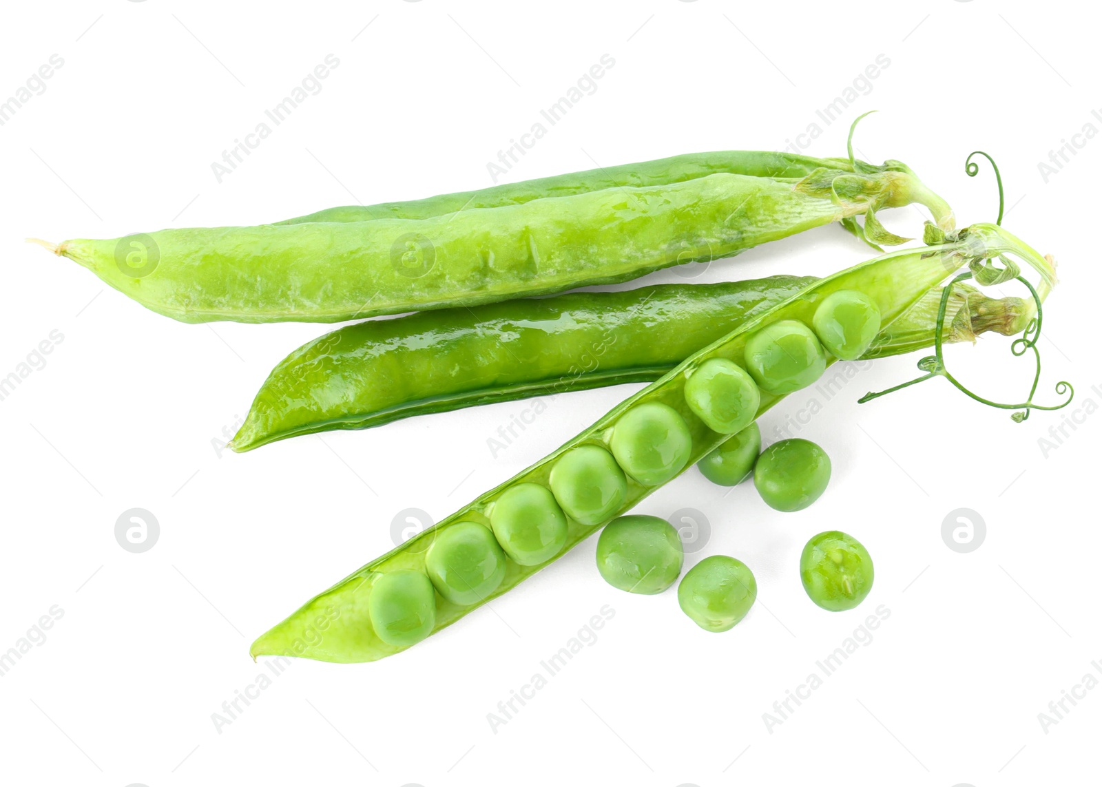 Photo of Green fresh peas and pods isolated on white, top view