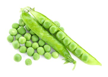 Photo of Green fresh peas and pods isolated on white, top view