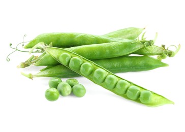 Photo of Green fresh peas and pods isolated on white