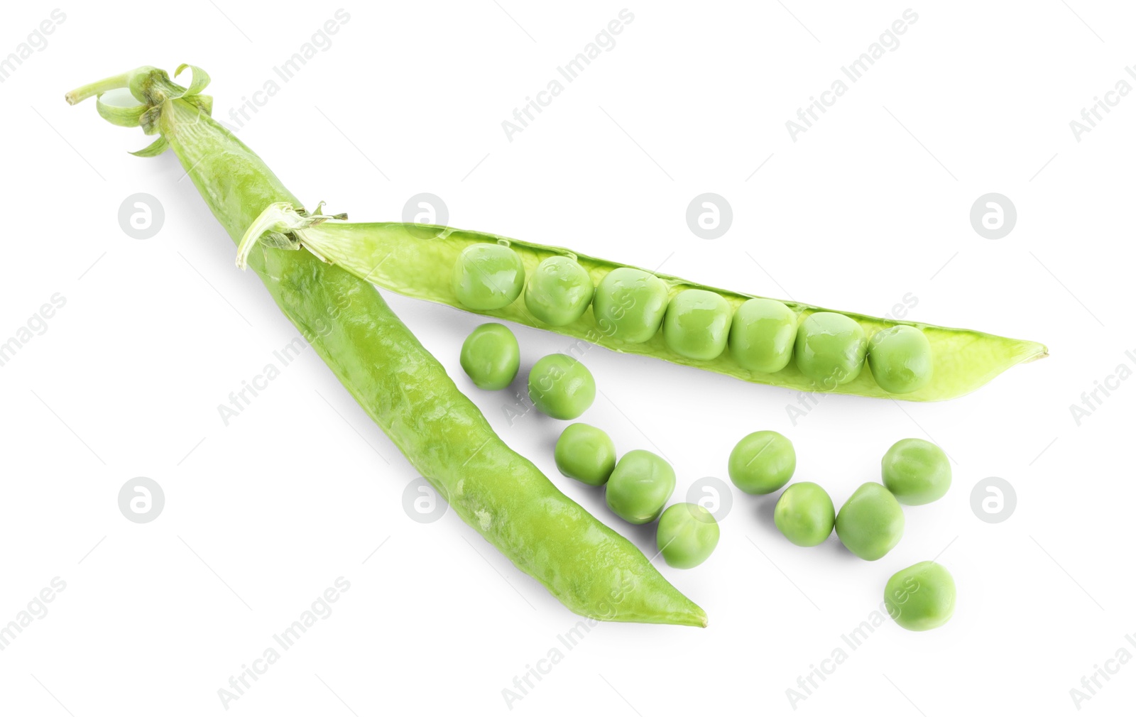 Photo of Green fresh peas and pods isolated on white, top view