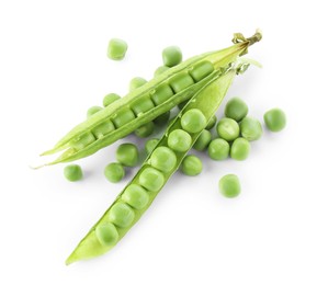 Photo of Green fresh peas and pods isolated on white, top view