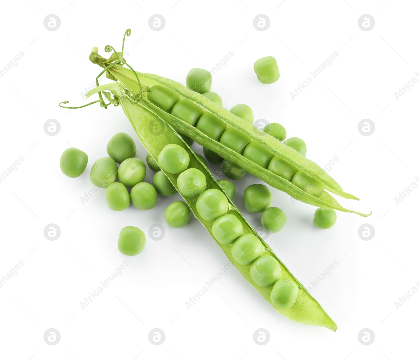 Photo of Green fresh peas and pods isolated on white, top view