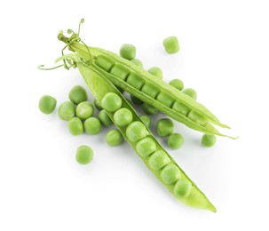 Photo of Green fresh peas and pods isolated on white, top view