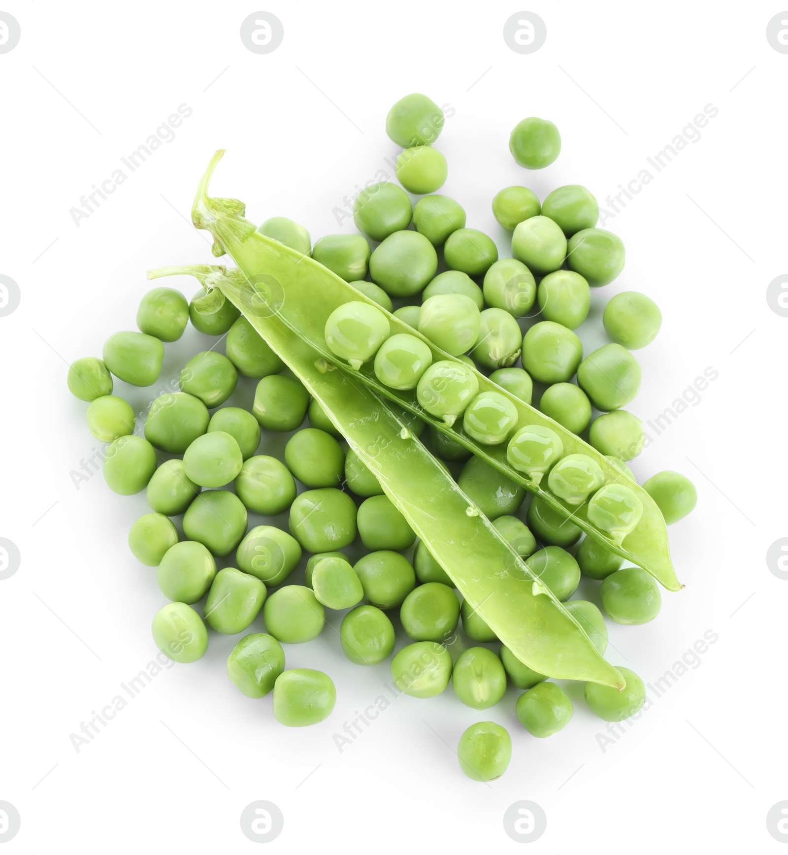 Photo of Green fresh peas and pod isolated on white, top view