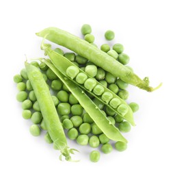 Photo of Green fresh peas and pods isolated on white, top view