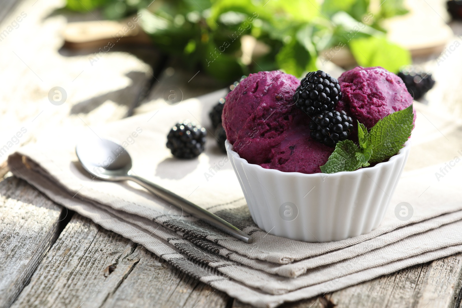 Photo of Delicious blackberry sorbet, mint and fresh berries on wooden table. Space for text