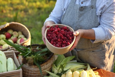 Photo of Senior farmer with different fresh products outdoors, closeup