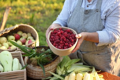 Senior farmer with different fresh products outdoors, closeup