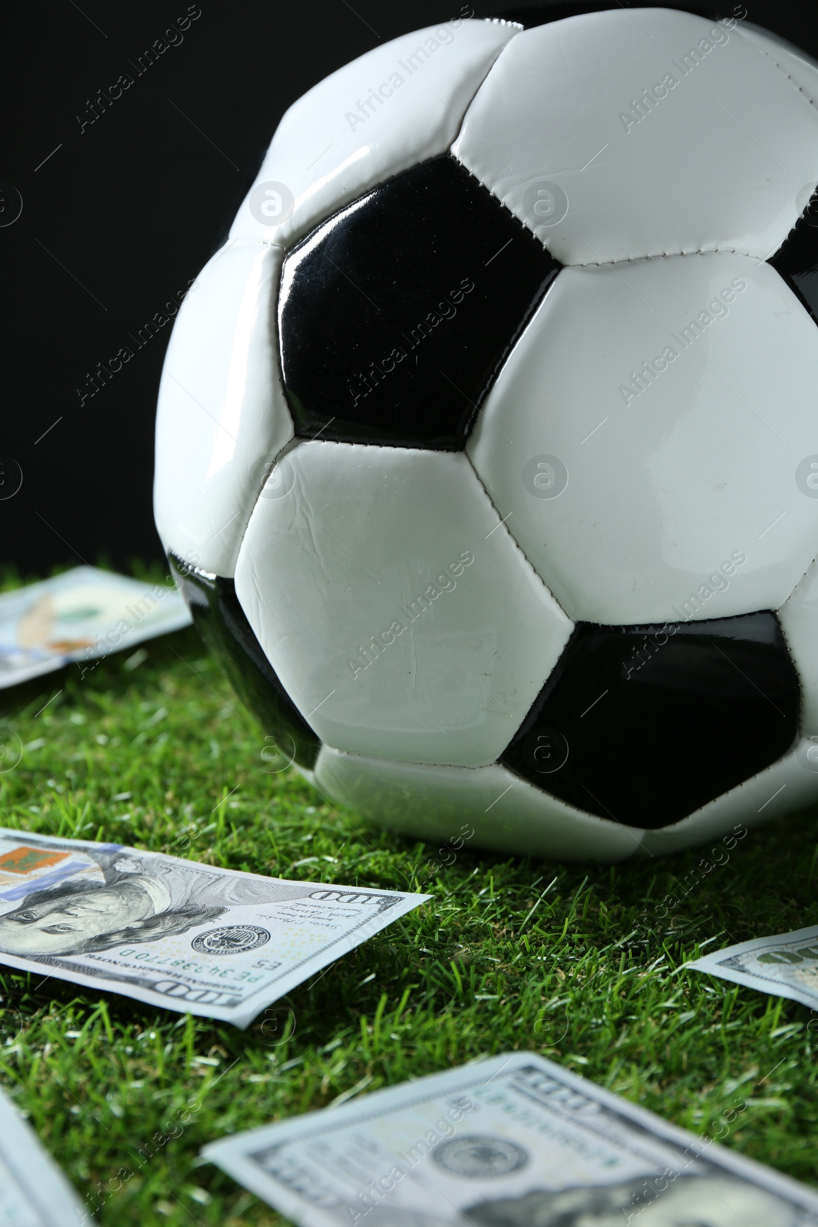 Photo of Soccer ball and dollar banknotes on green grass, closeup