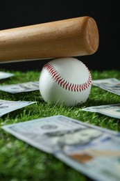 Photo of Baseball ball, bat and dollar banknotes on green grass, closeup