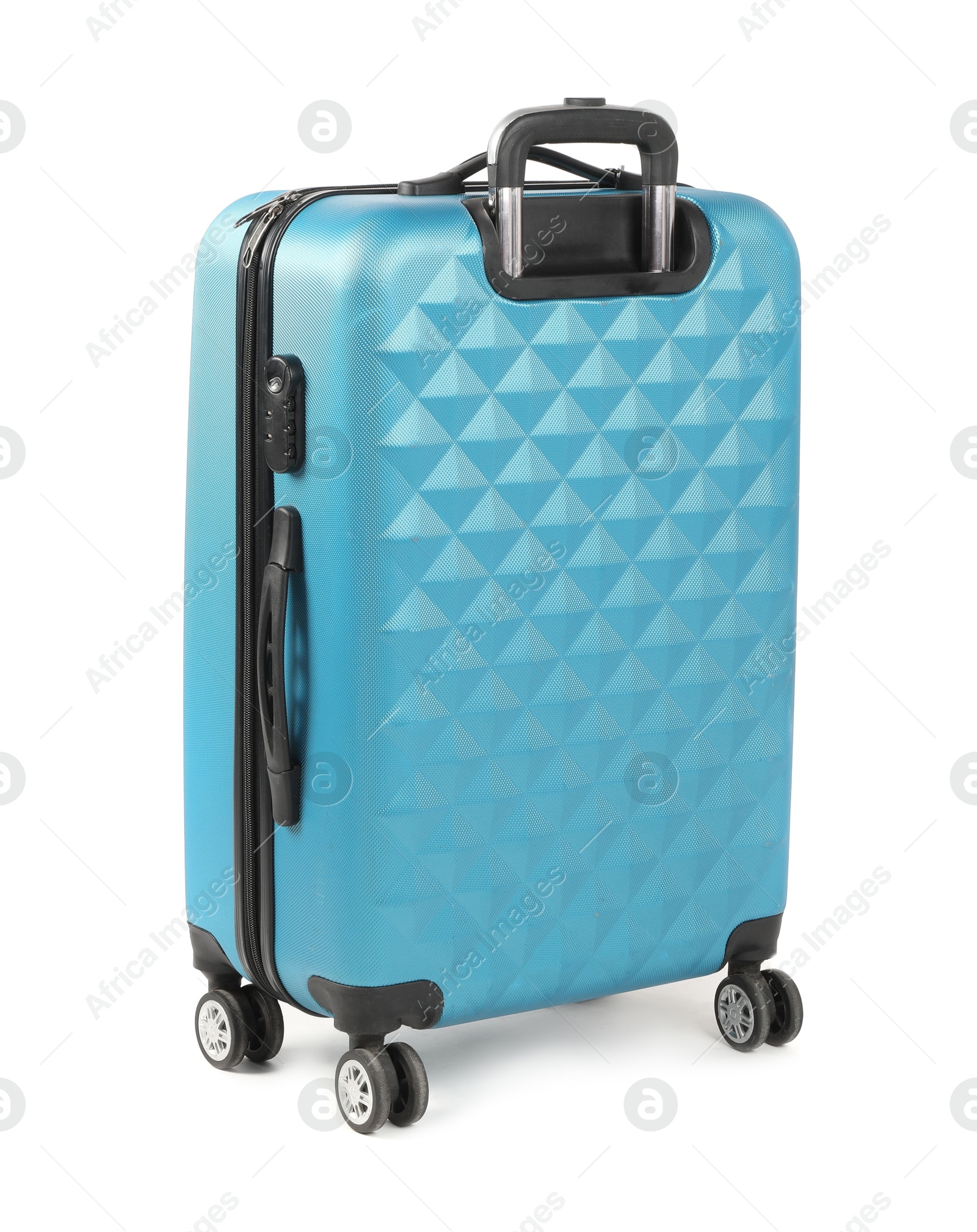 Photo of One light blue suitcase isolated on white