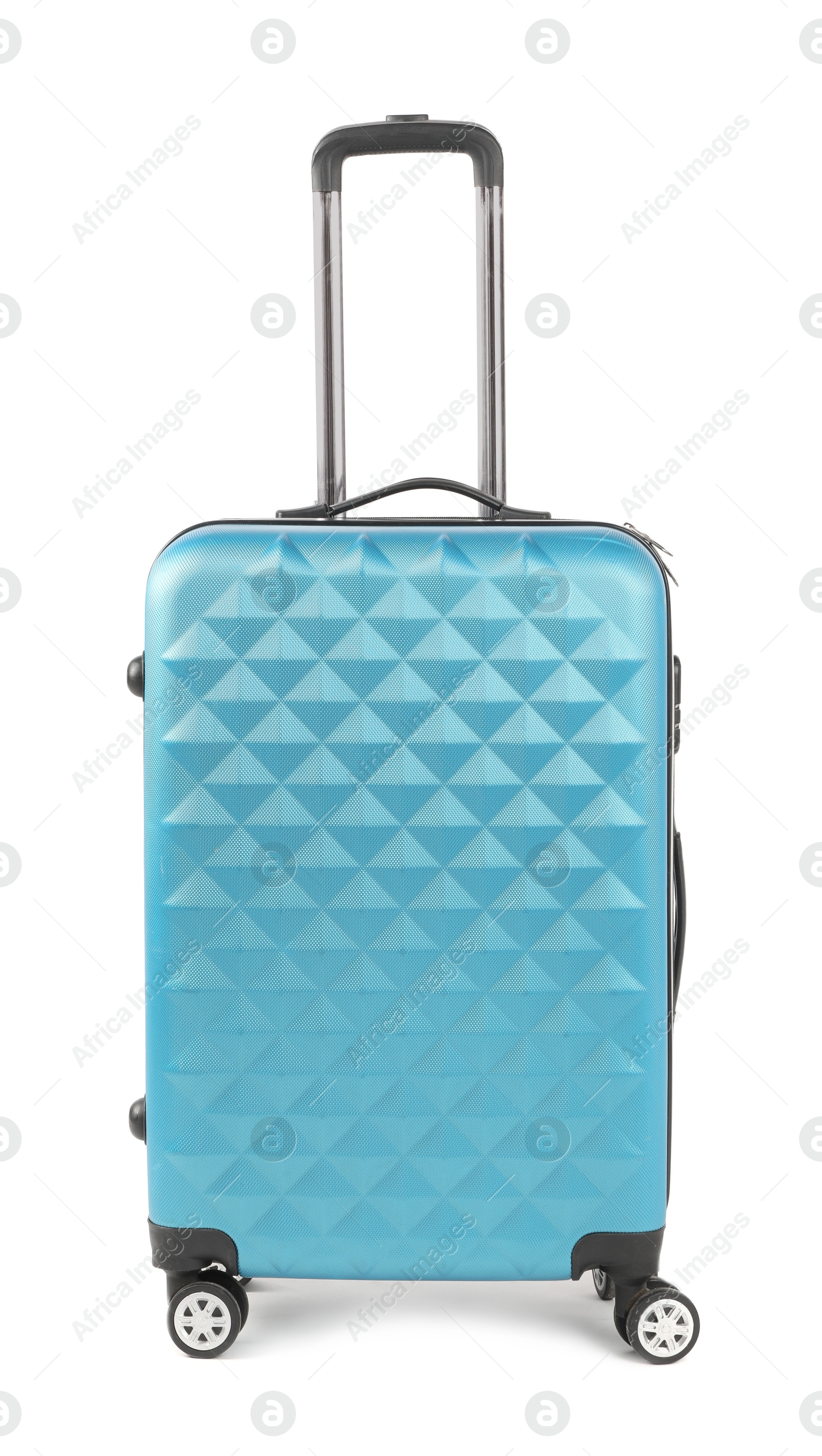 Photo of One light blue suitcase isolated on white