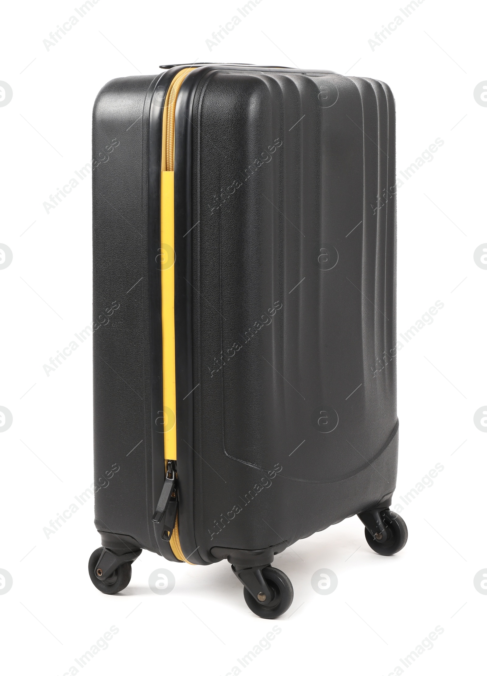 Photo of One new dark suitcase isolated on white