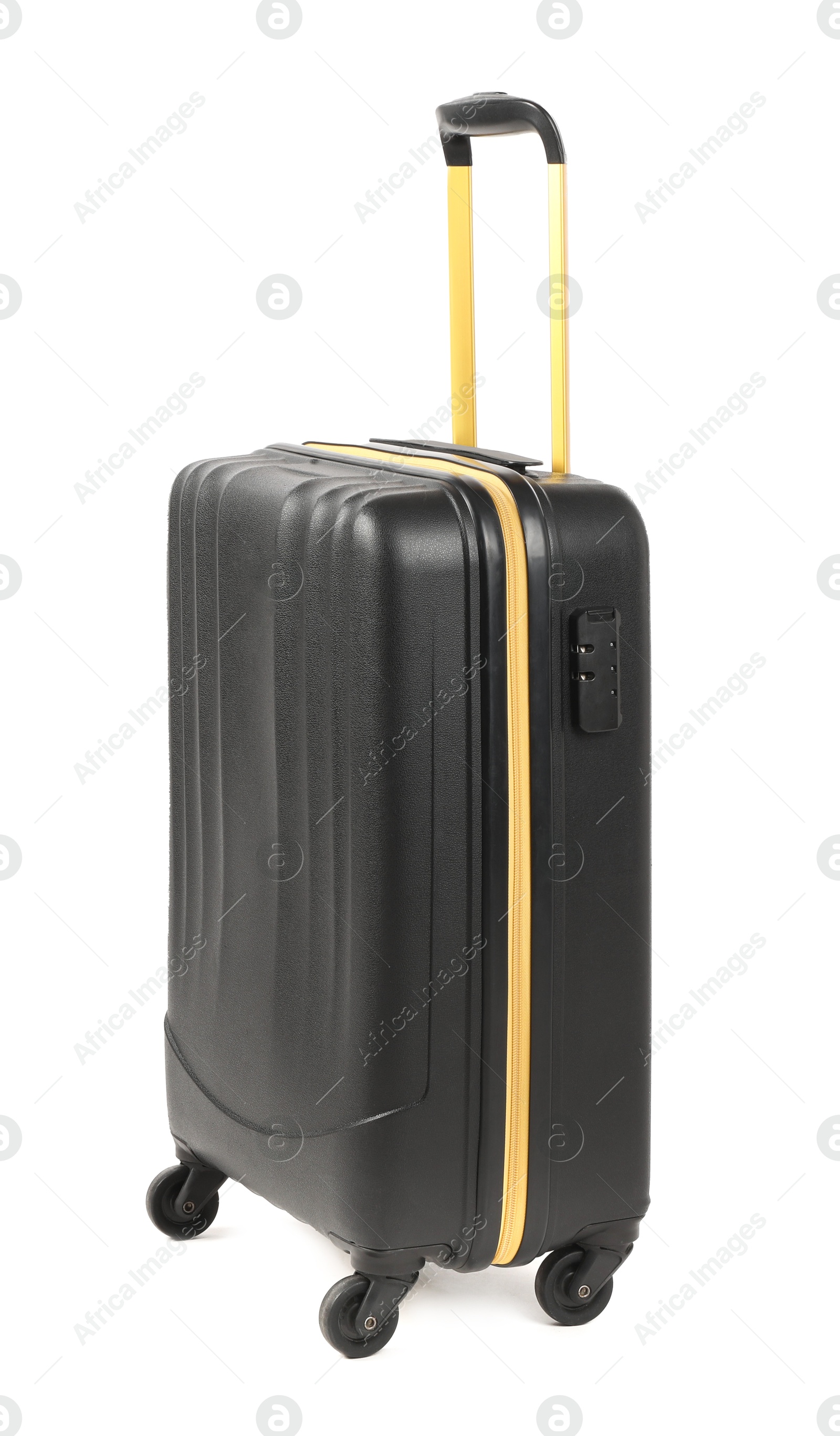 Photo of One new dark suitcase isolated on white