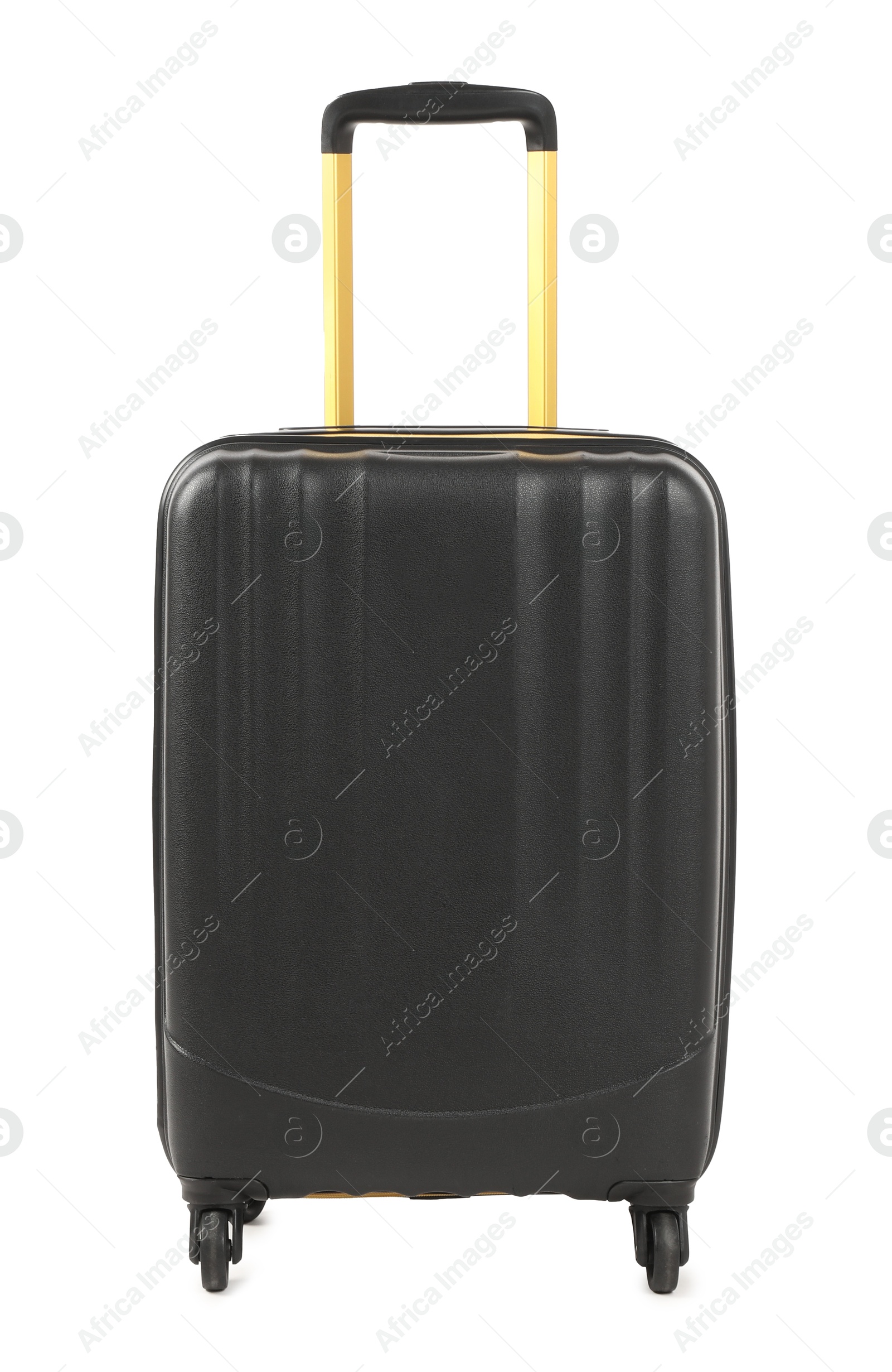 Photo of One new dark suitcase isolated on white