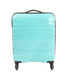 Photo of One light blue suitcase isolated on white