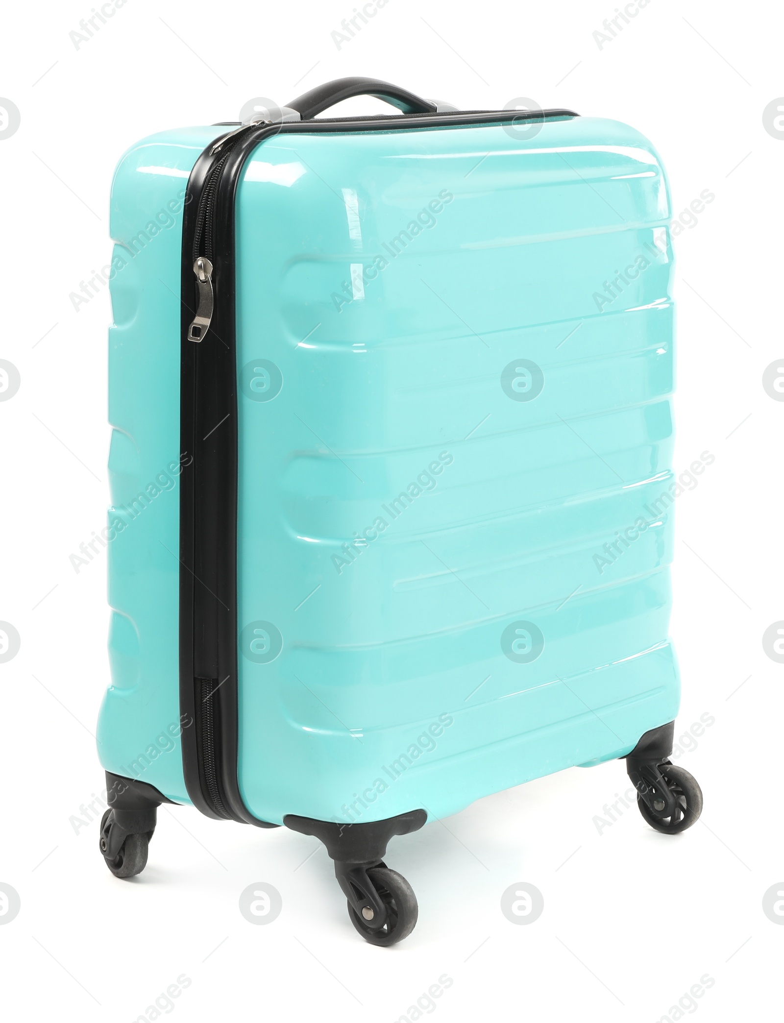 Photo of One light blue suitcase isolated on white