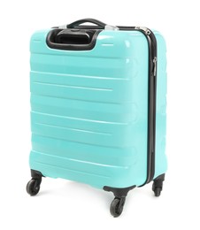 Photo of One light blue suitcase isolated on white