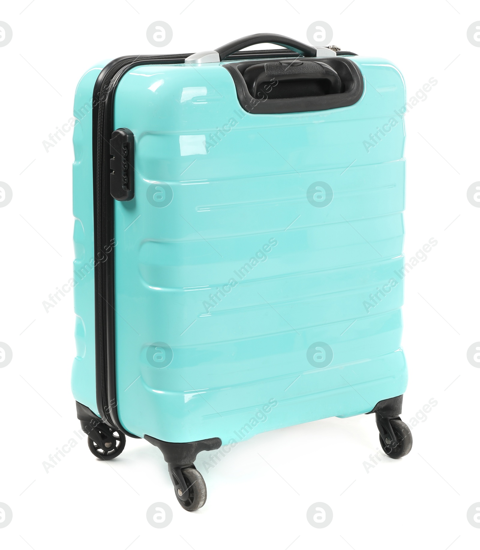 Photo of One light blue suitcase isolated on white