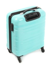 Photo of One light blue suitcase isolated on white